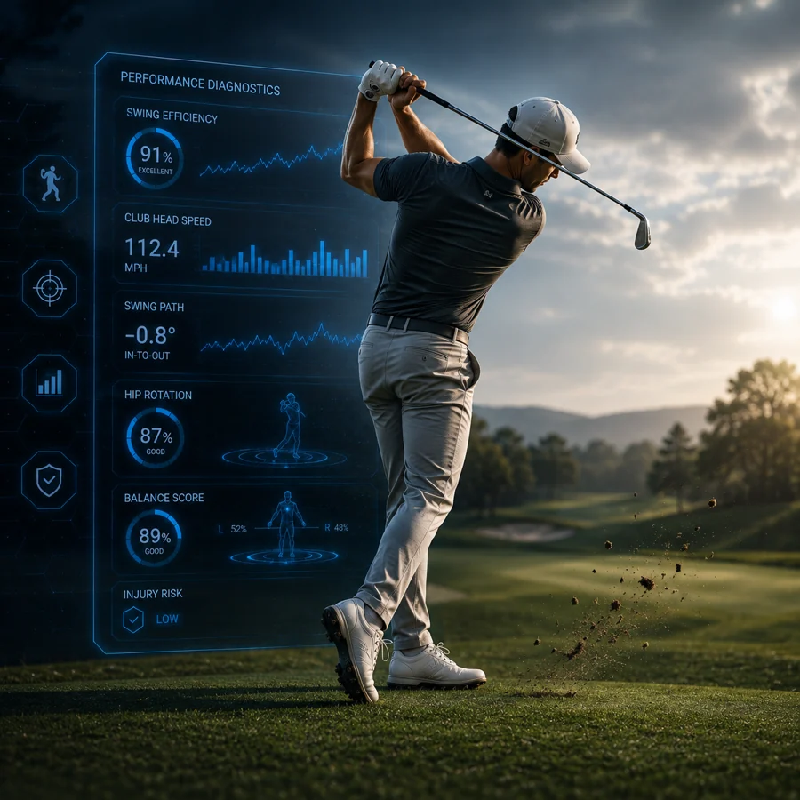A golfer at the finish of a drive on an early-morning fairway