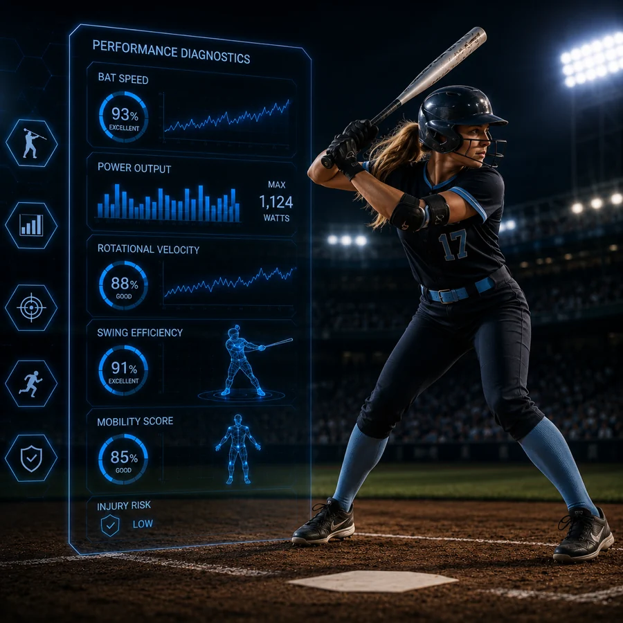 A softball hitter loaded at the plate under stadium lights