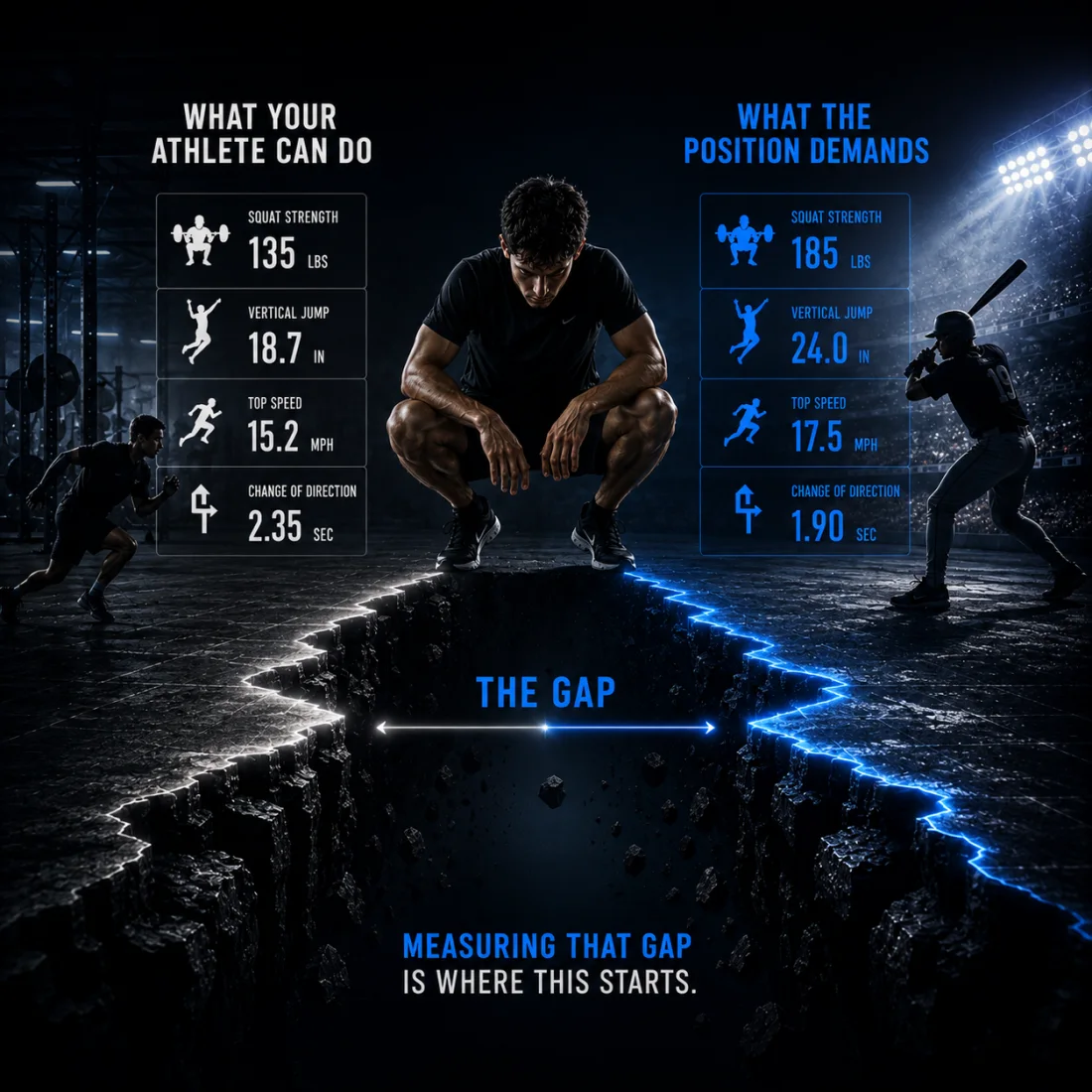 Illustration: an athlete's current squat strength, vertical jump, top speed and change-of-direction numbers on the left, what the position demands on the right, and the distance between the two labelled The Gap.