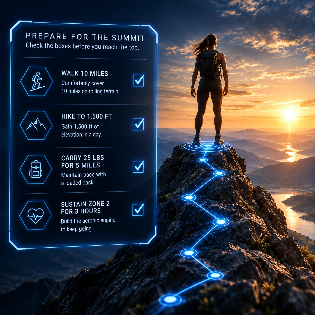 A hiker standing on a summit at sunrise, beside a checklist of the capacities the climb asked for