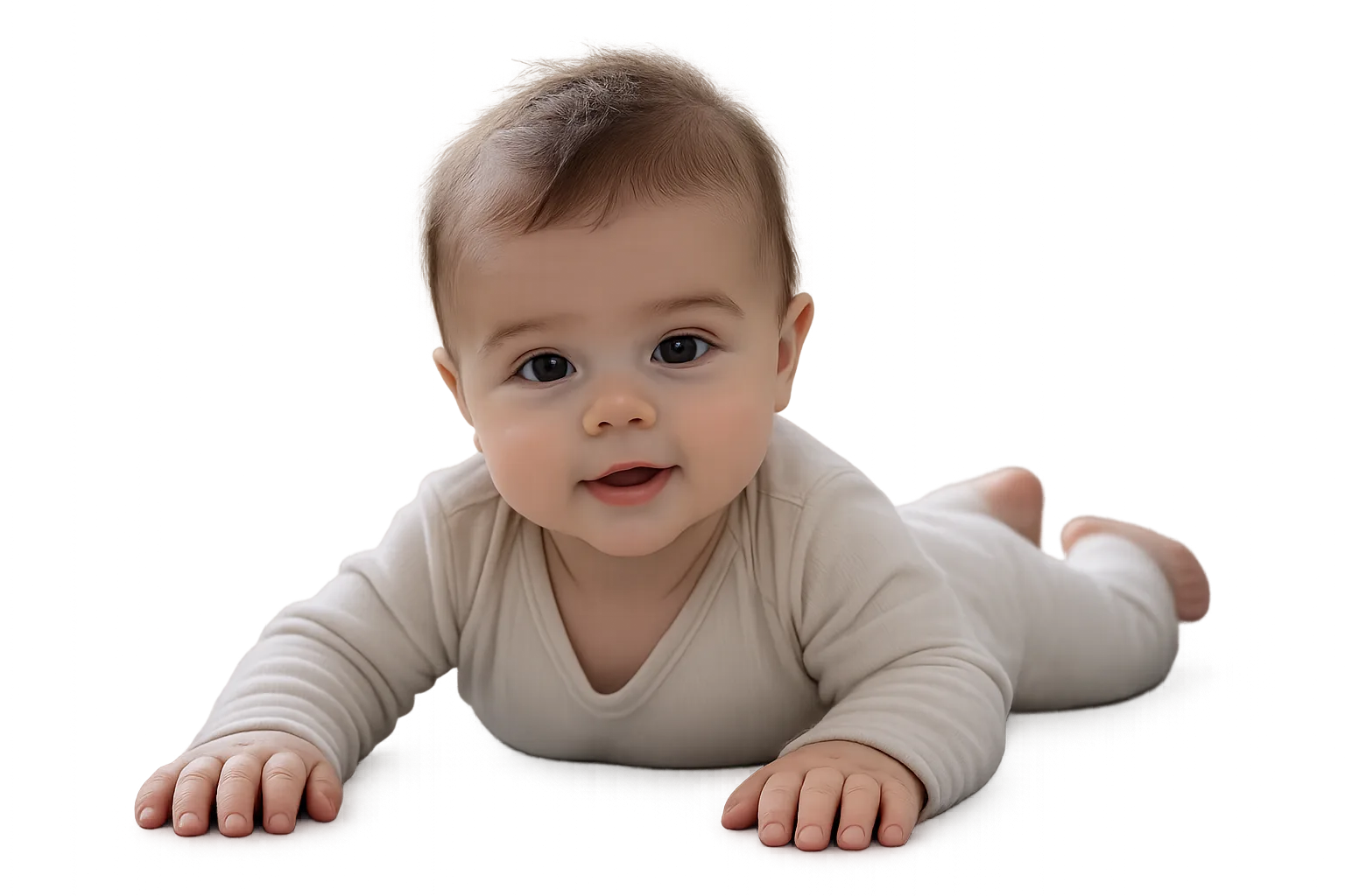 An infant in a tummy-time developmental position, the same pattern the DNS work rebuilds in adults